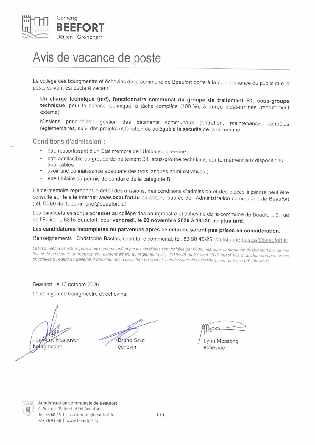 Vacance de poste – chargé technique B1 (m/f)