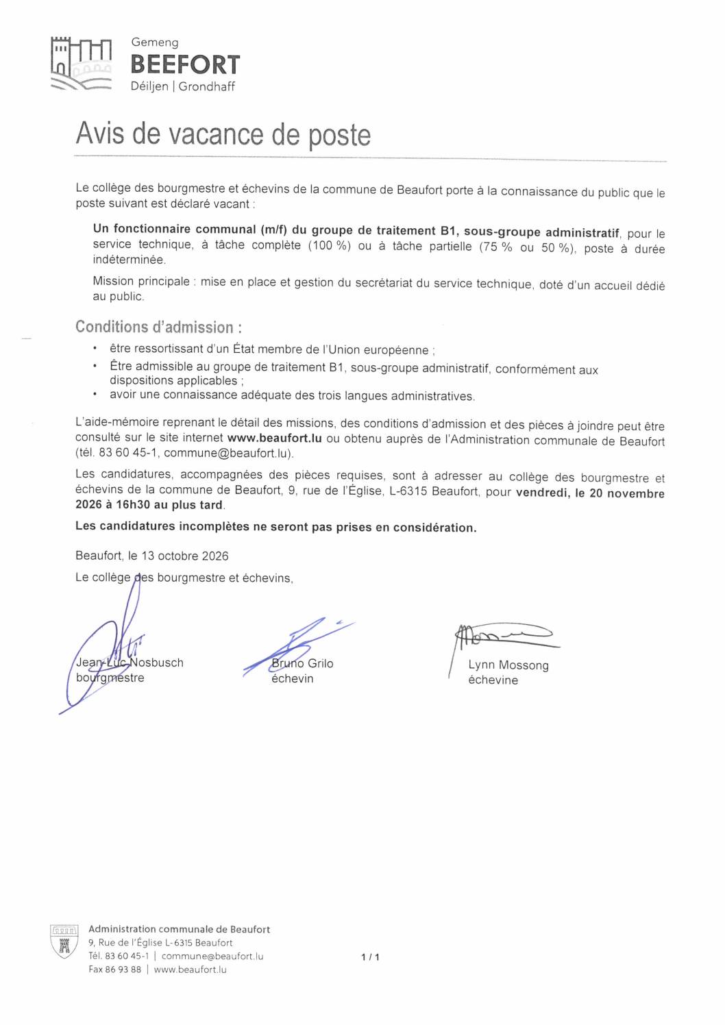 Vacance de poste – secrétariat service technique B1 (m/f)