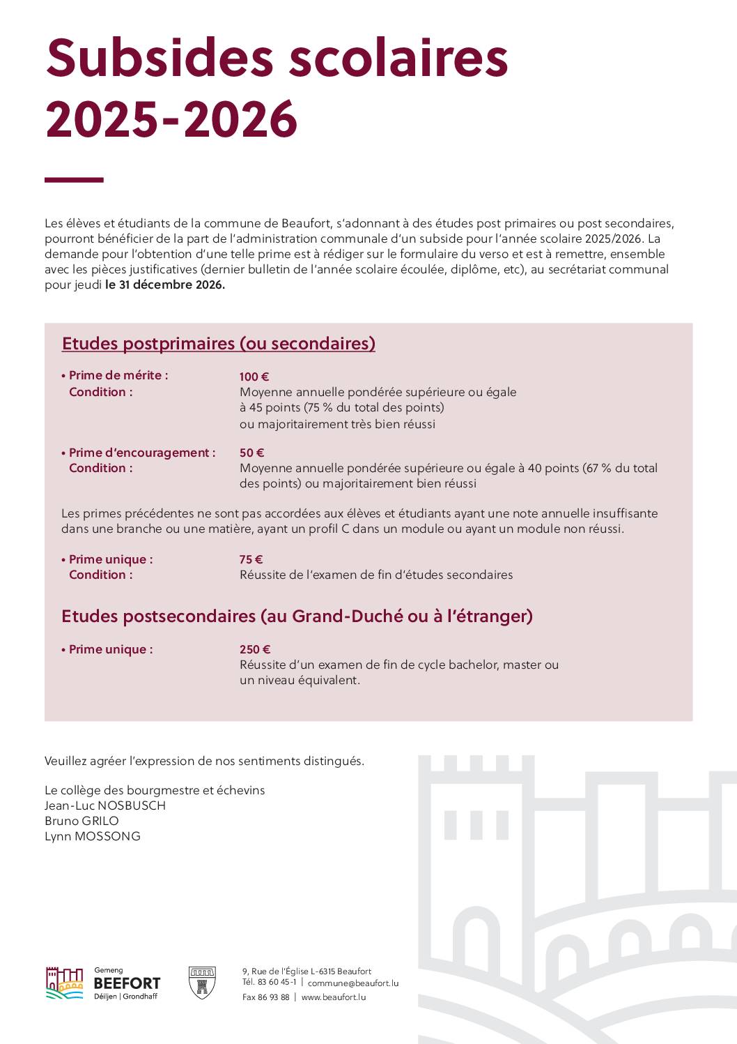 Demande de subsides scolaires 2025-2026